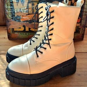 Nasty Gal Boots, Women Size 38 EU, 5 UK, Cream Faux Leather Combat Boots